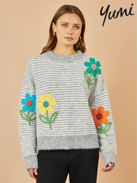 Yumi Grey Striped Relaxed Fit Jumper With Flowers (Y21633) | €73