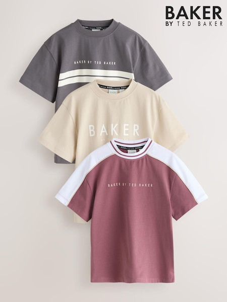 Burgundy/Stone/Charcoal - Baker by Ted Baker Colourblock T-Shirts 3 Pack (Y21662) | ‏171‏₪ - ‏191‏ ₪
