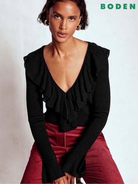 Boden Black Ruffled Rib Henley Jumper (Y21695) | €201
