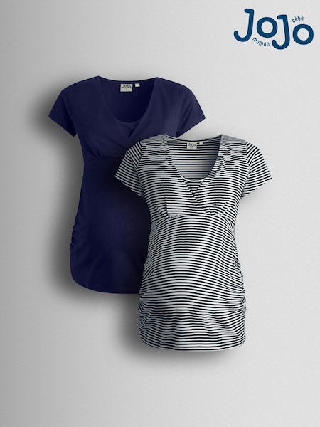 JoJo Maman Bébé Navy Ecru Stripe 2-Pack Maternity & Nursing T-Shirts (Y22056) | AED210