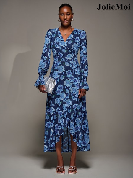 Jolie Moi Blue Ruffle Cuffed Sleeve Frill Mesh Maxi Dress (Y22119) | 421 QAR