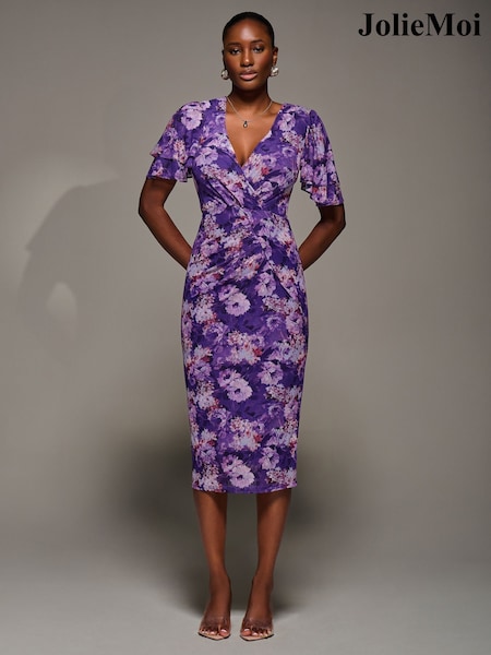 Jolie Moi Purple Angel Sleeve Mesh Bodycon Dress (Y22124) | €90