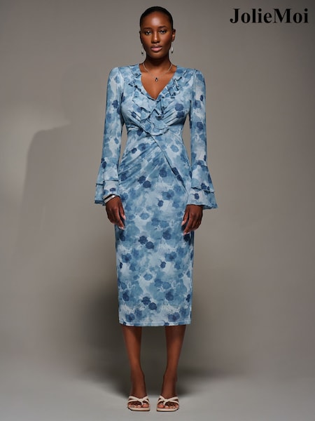 Jolie Moi Blue Frill Sleeve Pleated  Wrap Midi Dress (Y22132) | 356 QAR