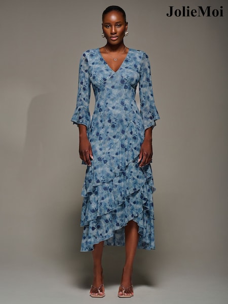 Jolie Moi Blue Mesh Ruffle Sleeve Tiered Midaxi Dress (Y22137) | €105