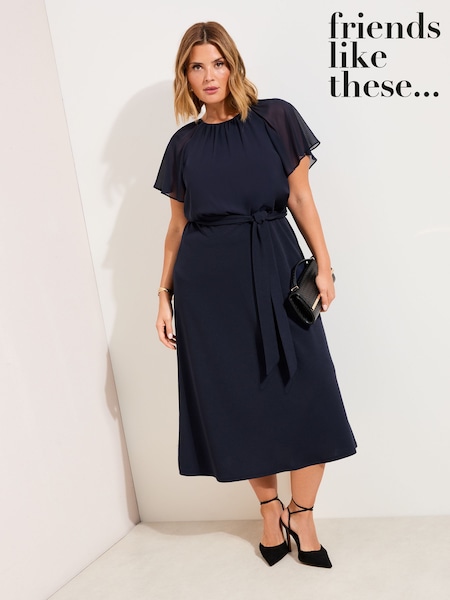 أزرق داكن أزرق - Friends Like These Scuba Chiffon Flutter Sleeve Midi Dress (Y22569) | ‏255 ر.ق.