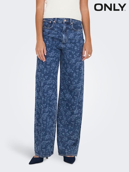 ONLY Blue High Waist Wide Leg Rose Print Jeans (Y22864) | €59