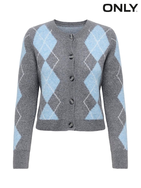 ONLY Grey Long Sleeve Button Through Argyle Knit Cardigan (Y22866) | €50