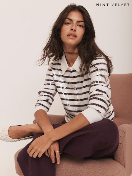 Mint Velvet Red Burgundy Stripe Sequin Collar Cardigan (Y23217) | €145