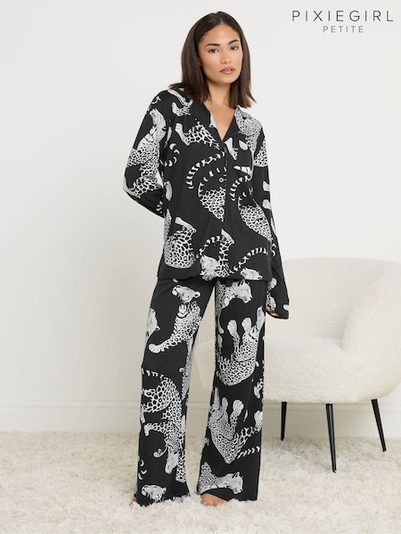 PixieGirl Petite Black Soft Touch Leopard Print Pyjamas Set (Y23309) | €36