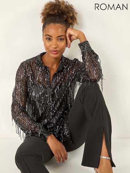 Roman Grey Sequin Tassel Stretch Shirt (Y23536) | € 65
