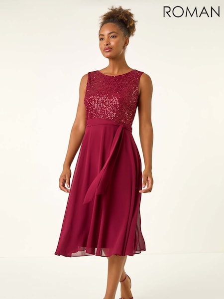 Roman Red Sequin Bodice Belted Chiffon Dress (Y23537) | € 76