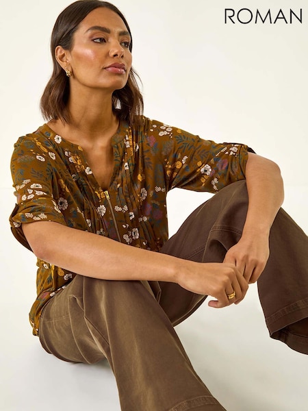 Roman Yellow Textured Floral Pintuck Tunic Top (Y23544) | €48
