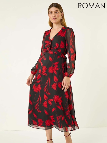 Roman Red Floral Frill Chiffon Midi Dress (Y23561) | €86
