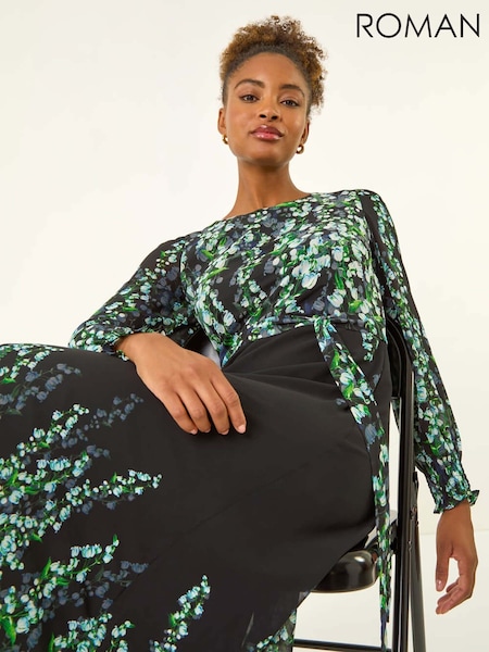 Roman Blue Floral Border Belted Midi Dress (Y23571) | €77