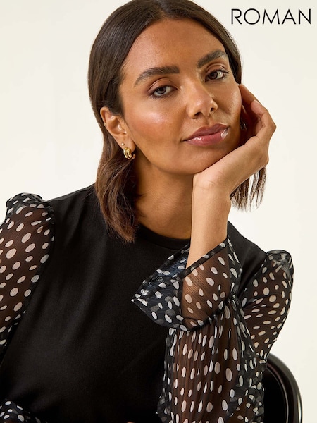 Roman Black Printed Mesh Sleeve Blouse (Y23575) | €53