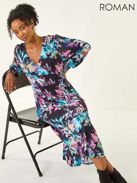 Roman Blue Petite Abstract Stretch Midi Dress (Y23690) | €66