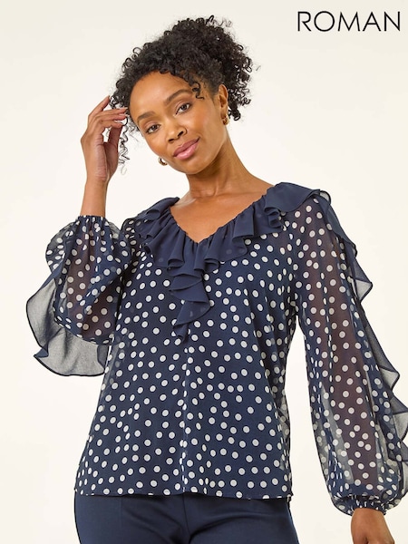 Roman Blue Petite Spot Print Frill Blouse (Y23692) | €56