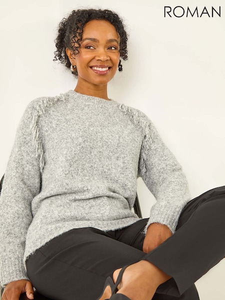 Roman Grey Petite Fringe Shoulder Knit Jumper (Y23696) | €51