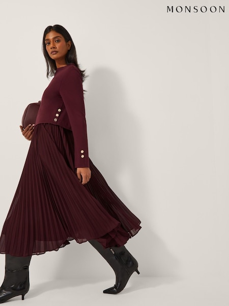 Monsoon Red Penny Long Sleeve Pleated Midi Dress (Y23904) | €119