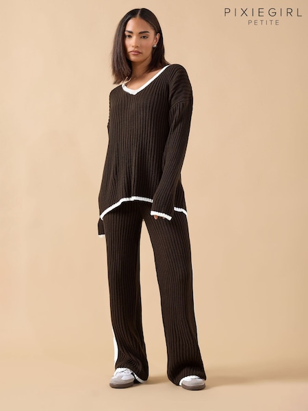 PixieGirl Petite Brown Tipped V-Neck Jumper (Y24029) | €36