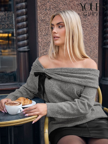 Yours Curve Grey Party Bardot Bow Jumper (Y24041) | €43