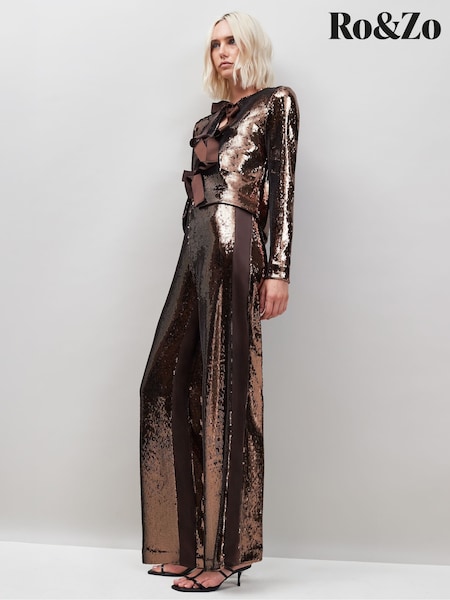 Ro&Zo Brown Sequin Satin Contrast Trousers (Y24108) | €152