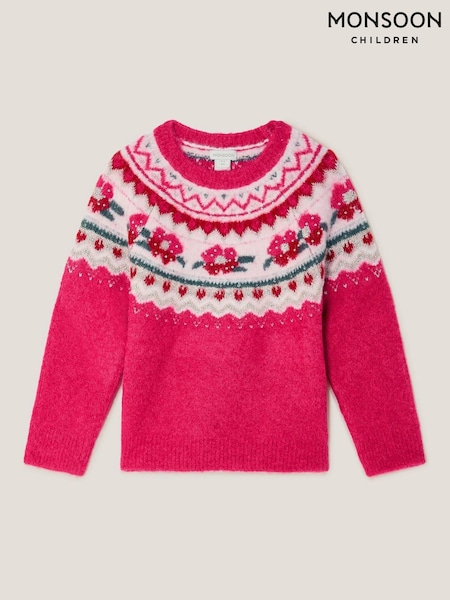 Monsoon Pink Rhinestone Floral Fair Isle Jumper (Y24200) | €40 - €45