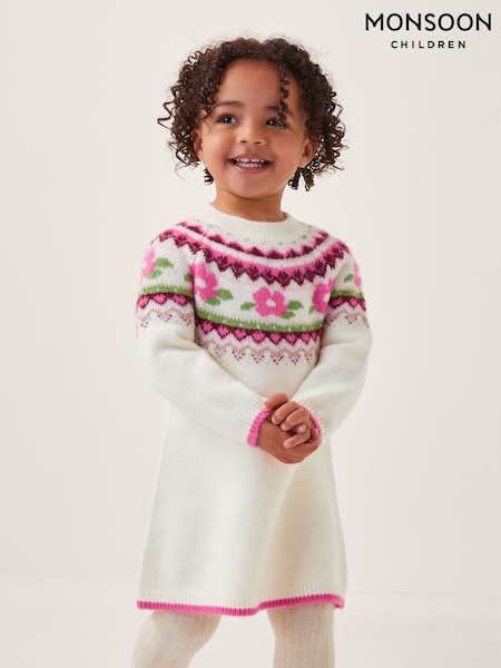 Monsoon Cream Baby Floral Fairisle Jumper Dress (Y24201) | €40 - €45