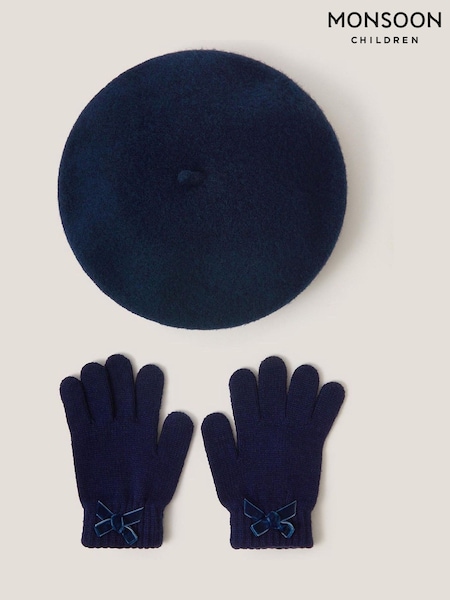 Monsoon Blue Bow Wool Beret & Gloves Set (Y24205) | AED156 - AED163
