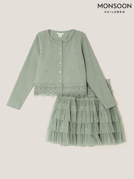 Monsoon Green Embellished Cardigan & Mesh Tiered Skirt Set (Y24211) | €50 - €57