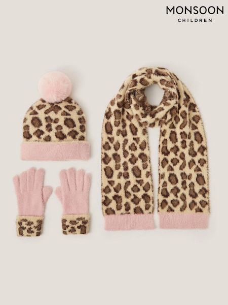 Monsoon Brown Leopard Print Hat Scarf & Gloves Set (Y24212) | €50 - €52
