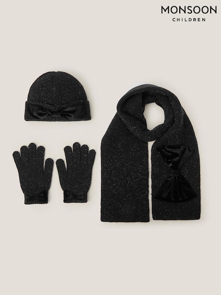 Monsoon Black Sparkle Bow Hat Scarf & Gloves Set (Y24221) | €50 - €52