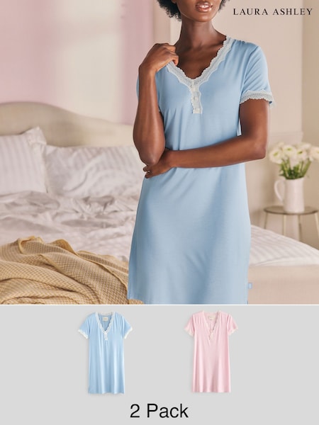 Laura Ashley Pink/Blue 2 Pack Modal Lace Trim Nightie (Y24285) | €83