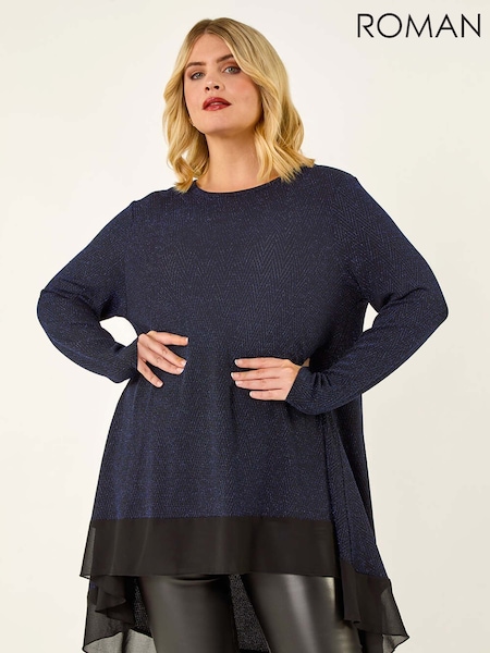 Roman Blue Curve Glitter Chiffon Hem Tunic Top (Y24298) | €53