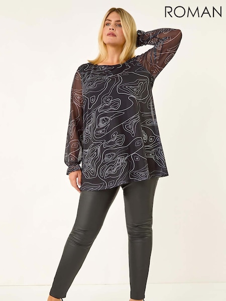 Roman Black Curve Swirl Print Stretch Blouse (Y24300) | €53