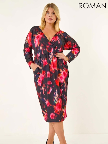 Roman Red Curve Floral Print Mesh Midi Dress (Y24301) | €60