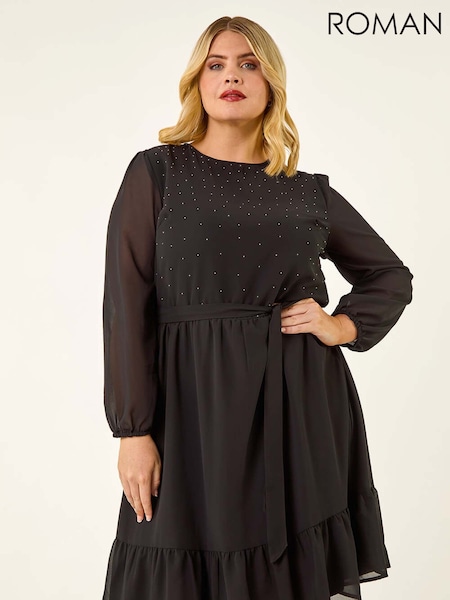 Roman Black Curve Hotfix Tie Waist Midi Dress (Y24312) | €69