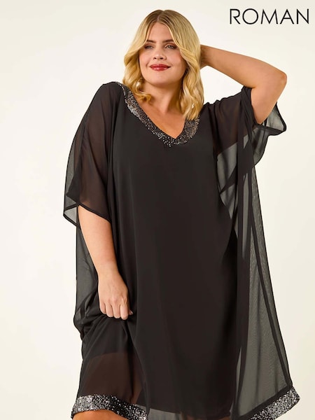 Roman Black Curve Sequin Chiffon Overlay Dress (Y24314) | €66