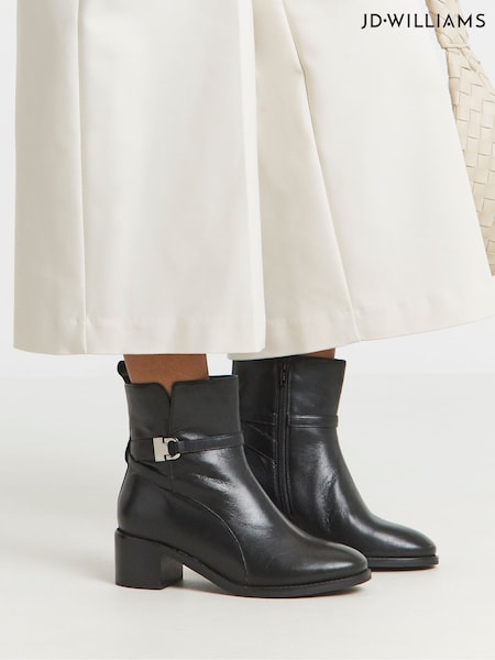 JD Williams Black Extra Wide Fit Low Block Heel Real Leather Ankle Boots With Metal Trim (Y24349) | €92