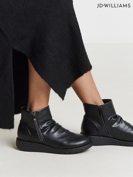 JD Williams Black Heavenly Soles Low Wedge Ruched Boots With Zip (Y24368) | €71