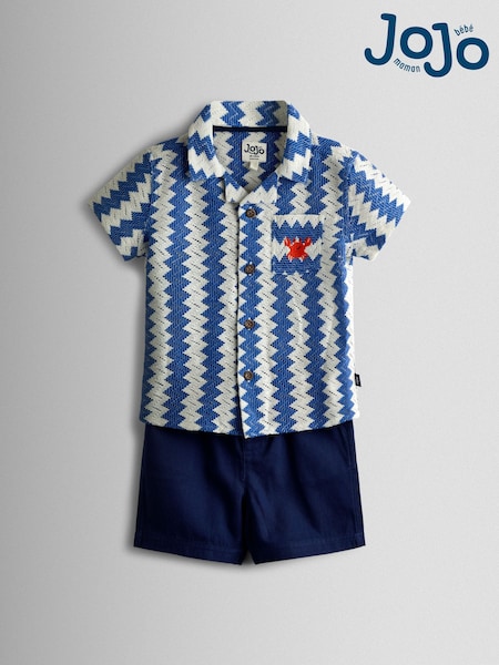 JoJo Maman Bébé Blue Textured Shirt & Shorts Resort Set (Y24381) | AED175 - AED198