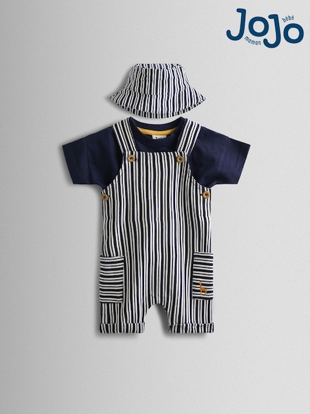JoJo Maman Bébé Navy Blue Stripe Dungarees, T-Shirt & Hat 3-Piece Set (Y24392) | Mex$810 - Mex$840