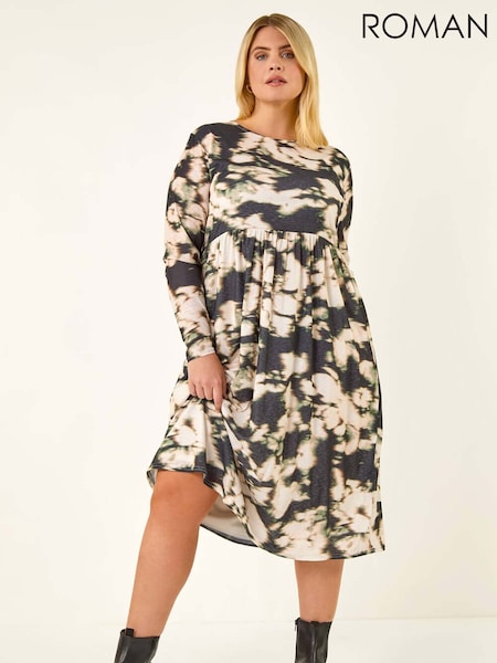 Roman Black Curve Abstract Print Midi Dress (Y24641) | €73