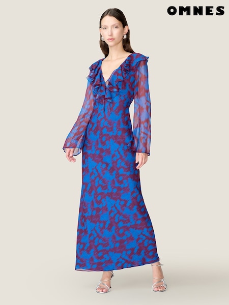 Omnes Blue Yvette Chiffon V-Neck Flared Sleeves Ruffle Detail Dress (Y24736) | €118