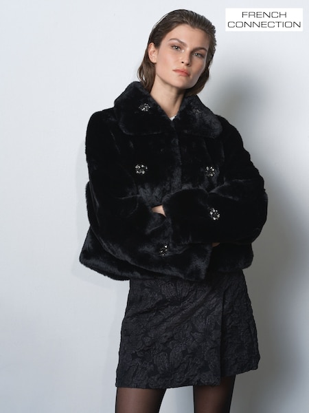 French Connection Black Theresa Faux Fur Short Black Coat (Y25014) | €191