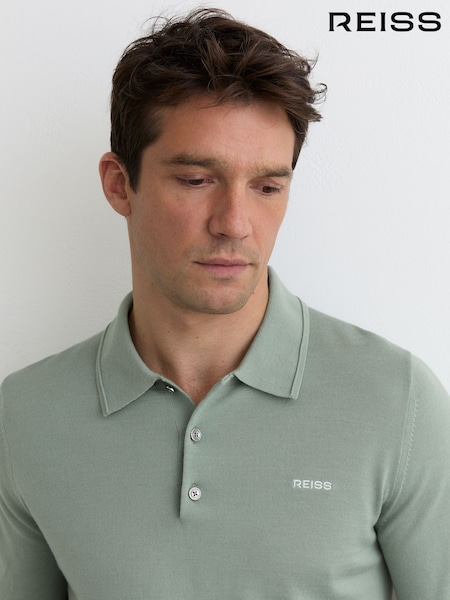 Reiss Light Sage Green Albion Merino Wool Logo Polo Shirt (Y25144) | €134