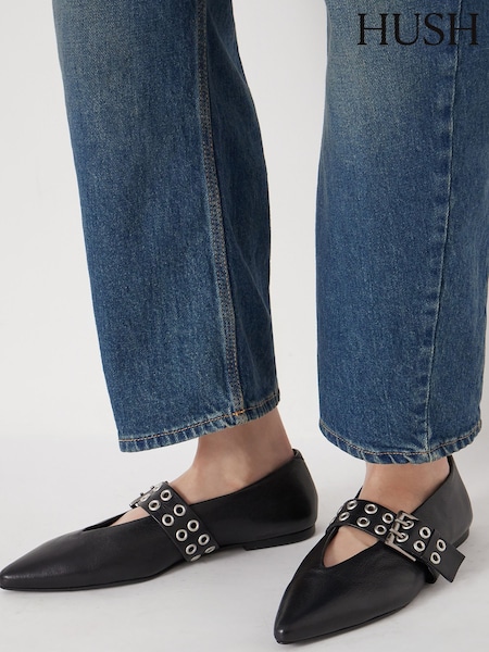 Hush Black Buckled Leather Ballerina Flats (Y25210) | €159