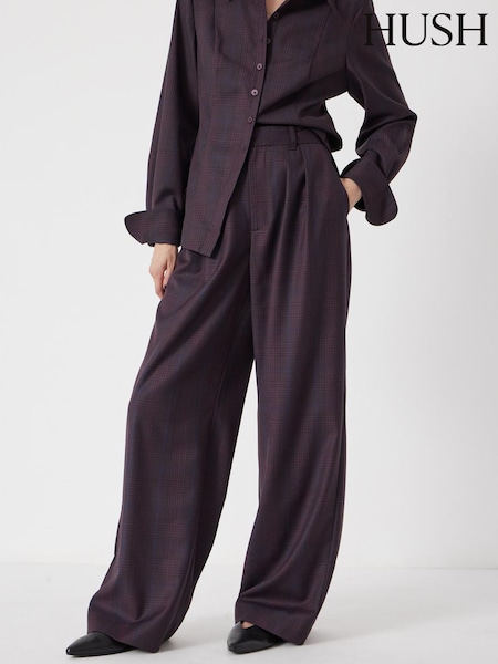 Hush Purple Wool Blend Wide Leg Check Trousers (Y25215) | €198