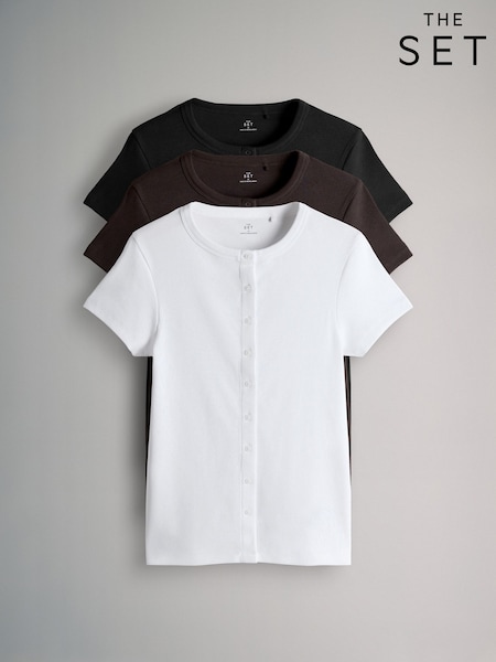 The Set 3 Pack Short Sleeve Button Through Rib T-Shirts Black/Chocolate Brown/White (Y25294) | ₪121