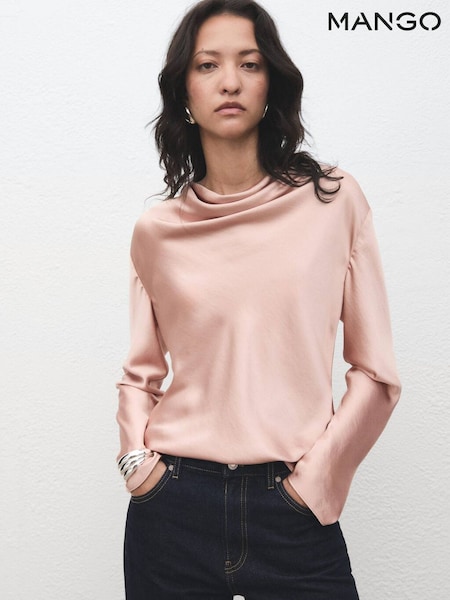 Mango Pink Satin Blouse With Draped Neck (Y25599) | €59